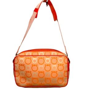 Salvatore Ferragamo Orange Horsebit Logo Canvas Gold Hardware Shoulder Bag